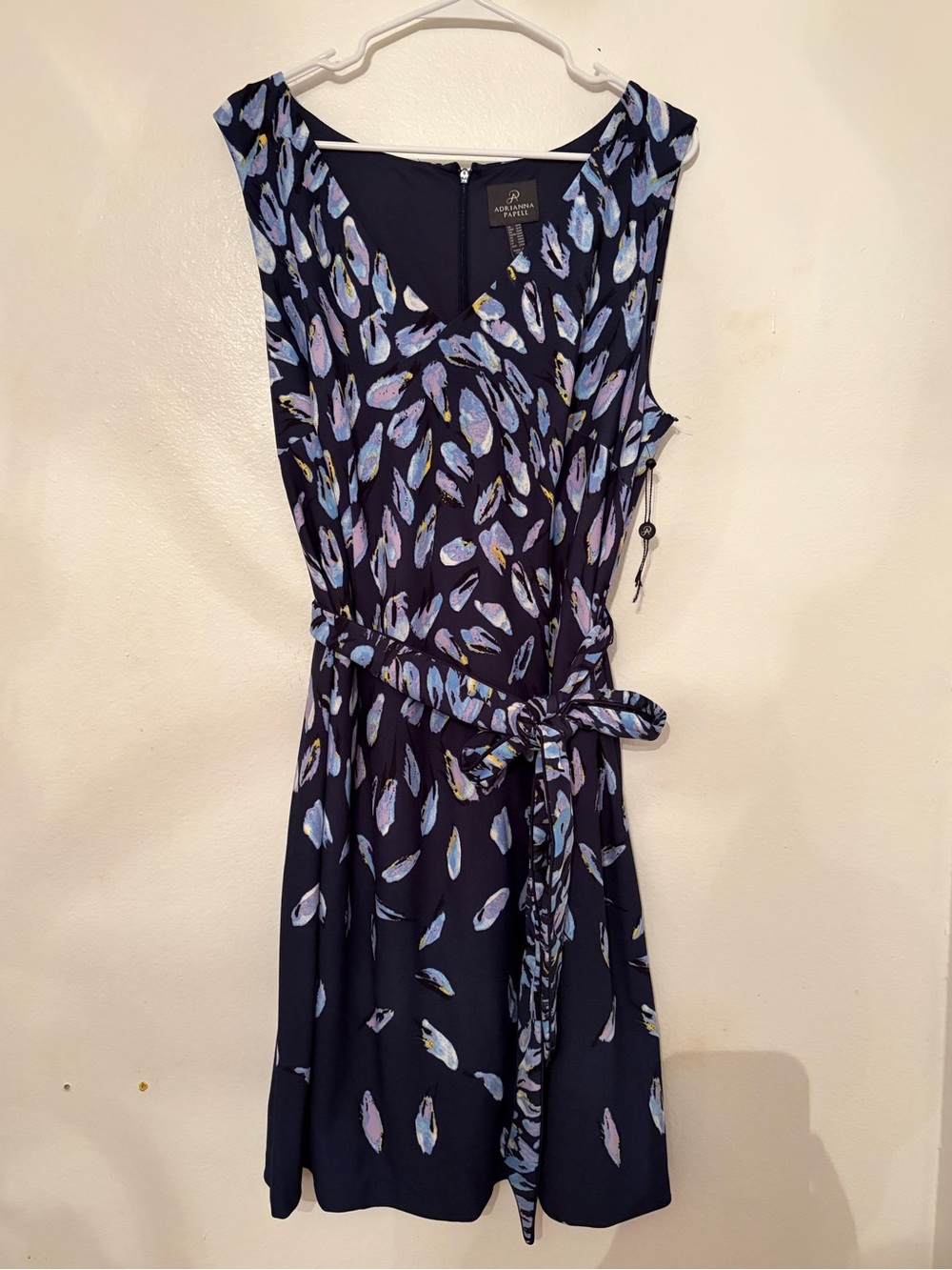 Adrianna Papell Navy Floral Design V Neck Sleeveless Fit & Flare Dress - 16W